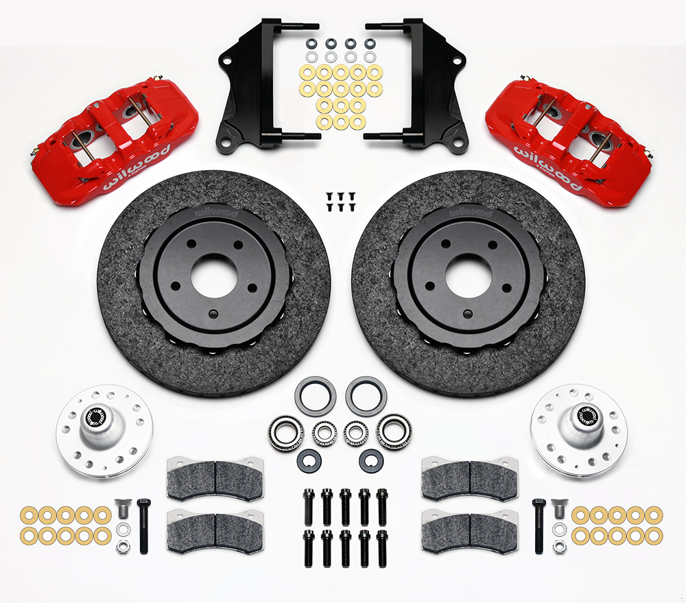 Wilwood AERO6 WCCB Carbon-Ceramic Big Brake Front Brake Kit Parts Laid Out - Red Powder Coat Caliper - Plain Face Rotor