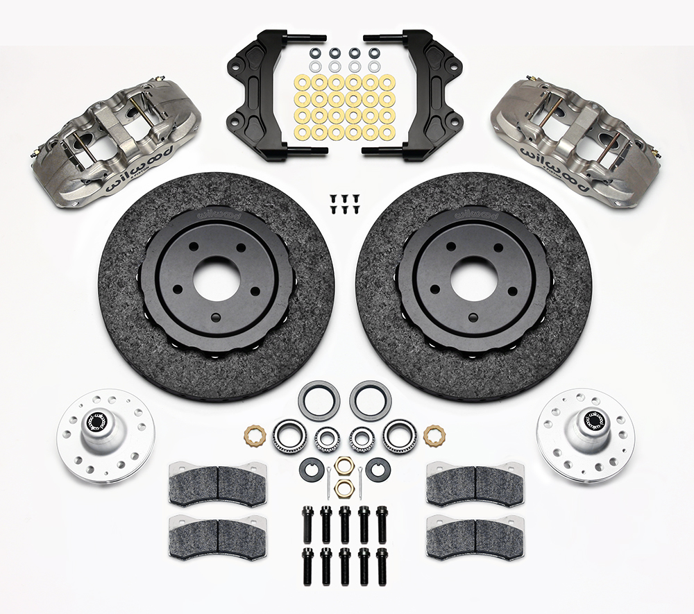 Wilwood AERO6 WCCB Carbon-Ceramic Big Brake Front Brake Kit Parts Laid Out - Nickel Plate Caliper - Plain Face Rotor