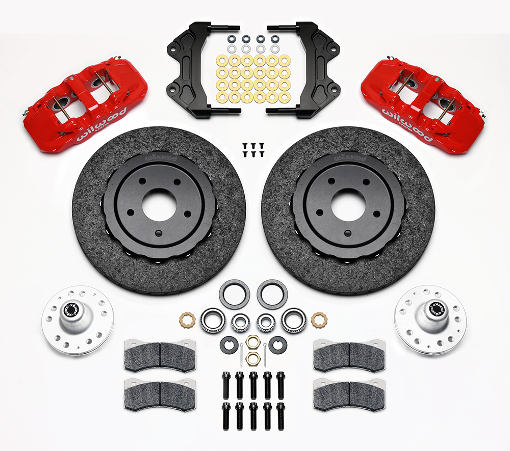 Wilwood AERO6 WCCB Carbon-Ceramic Big Brake Front Brake Kit Parts Laid Out - Red Powder Coat Caliper - Plain Face Rotor