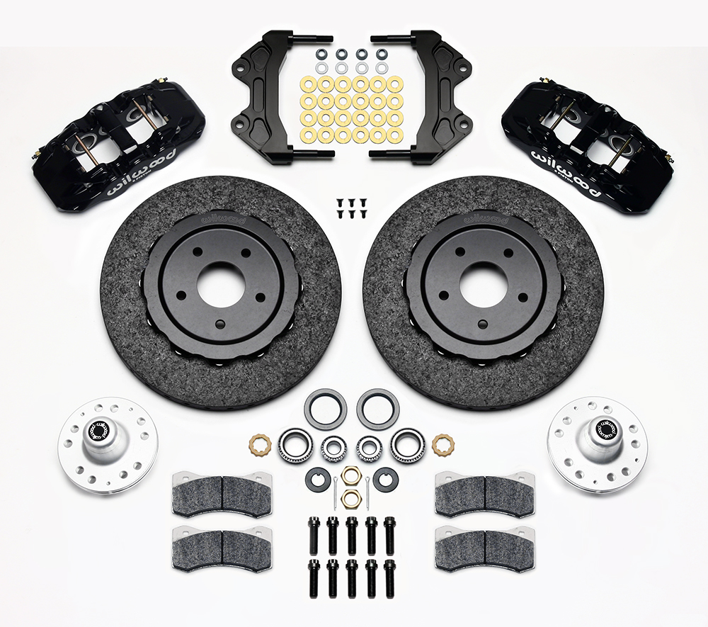 Wilwood AERO6 WCCB Carbon-Ceramic Big Brake Front Brake Kit Parts Laid Out - Black Powder Coat Caliper - Plain Face Rotor