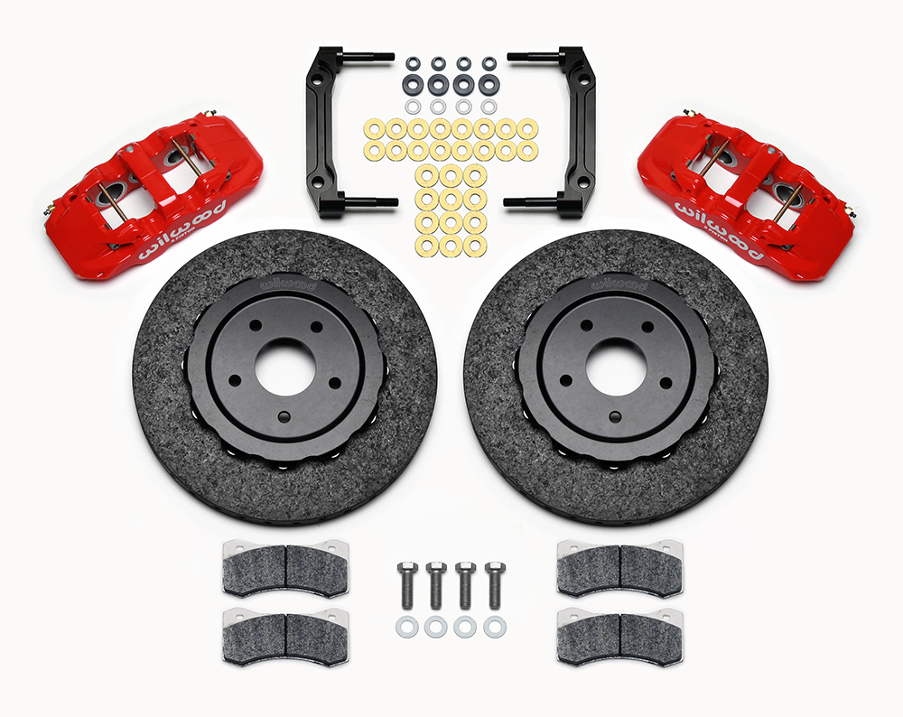 Wilwood AERO6 WCCB Carbon-Ceramic Big Brake Front Brake Kit Parts Laid Out - Red Powder Coat Caliper - Plain Face Rotor