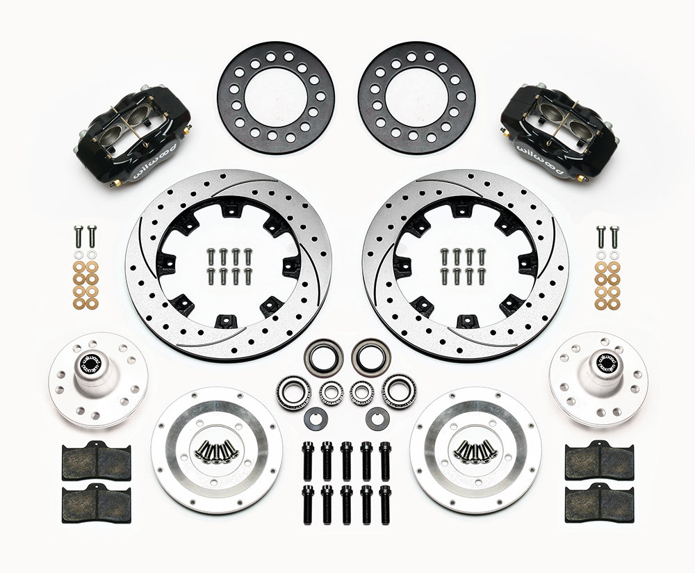 Wilwood Forged Dynalite Big Brake Front Brake Kit (Hub) Parts Laid Out - Black Powder Coat Caliper - SRP Drilled & Slotted Rotor