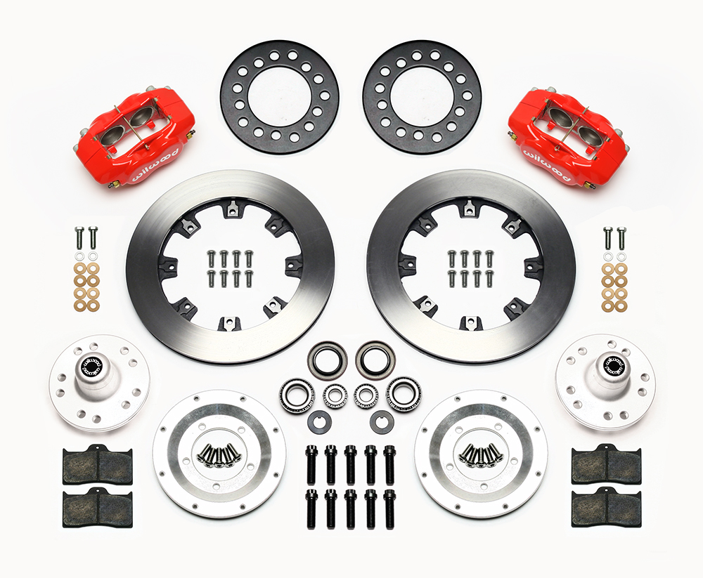 Wilwood Forged Dynalite Big Brake Front Brake Kit (Hub) Parts Laid Out - Red Powder Coat Caliper - Plain Face Rotor