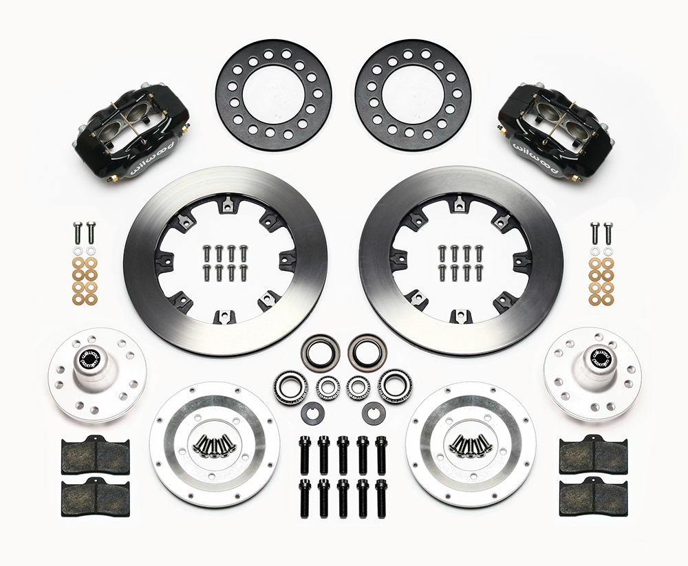 Wilwood Forged Dynalite Big Brake Front Brake Kit (Hub) Parts Laid Out - Black Powder Coat Caliper - Plain Face Rotor