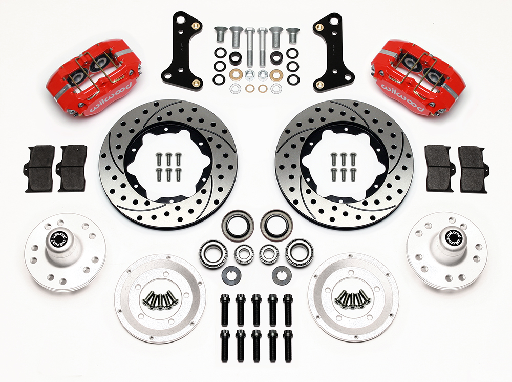 Wilwood Dynapro Dust-Boot Pro Series Front Brake Kit Parts Laid Out - Red Powder Coat Caliper - SRP Drilled & Slotted Rotor