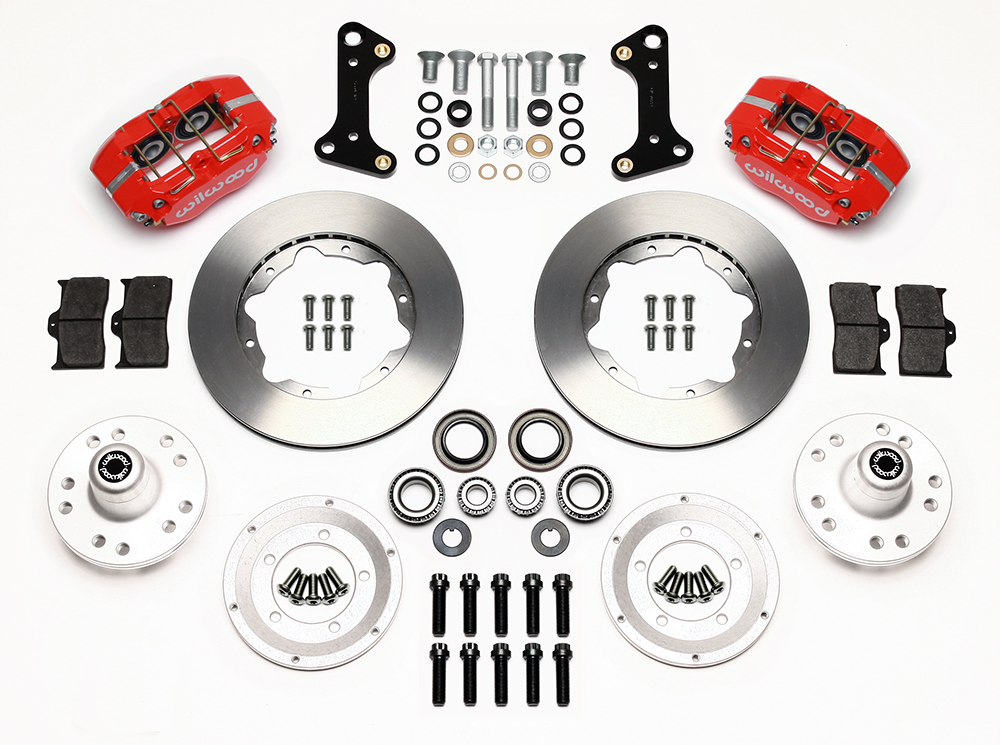 Wilwood Dynapro Dust-Boot Pro Series Front Brake Kit Parts Laid Out - Red Powder Coat Caliper - Plain Face Rotor