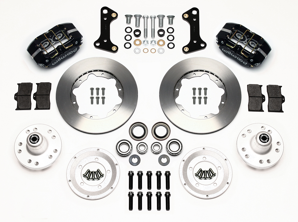 Wilwood Dynapro Dust-Boot Pro Series Front Brake Kit Parts Laid Out - Black Powder Coat Caliper - Plain Face Rotor