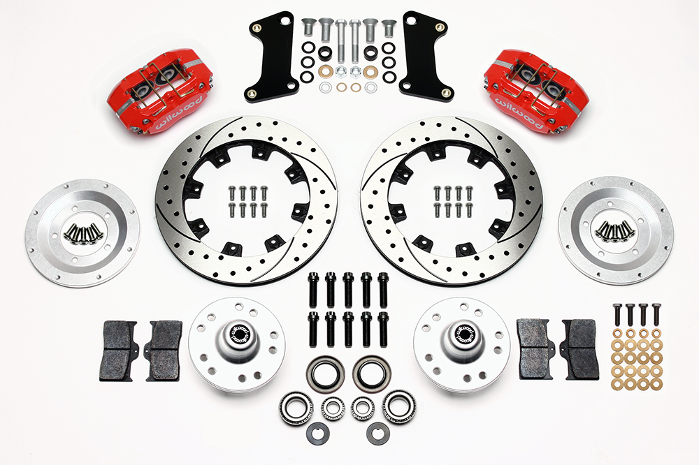 Wilwood Dynapro Dust-Boot Big Brake Front Brake Kit (Hub) Parts Laid Out - Red Powder Coat Caliper - SRP Drilled & Slotted Rotor