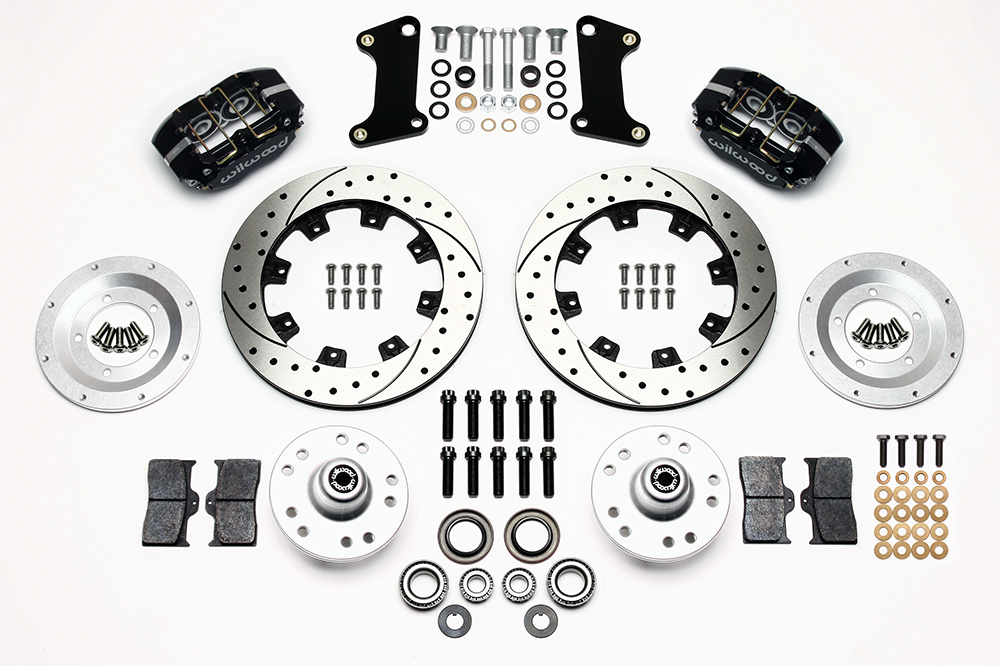 Wilwood Dynapro Dust-Boot Big Brake Front Brake Kit (Hub) Parts Laid Out - Black Powder Coat Caliper - SRP Drilled & Slotted Rotor