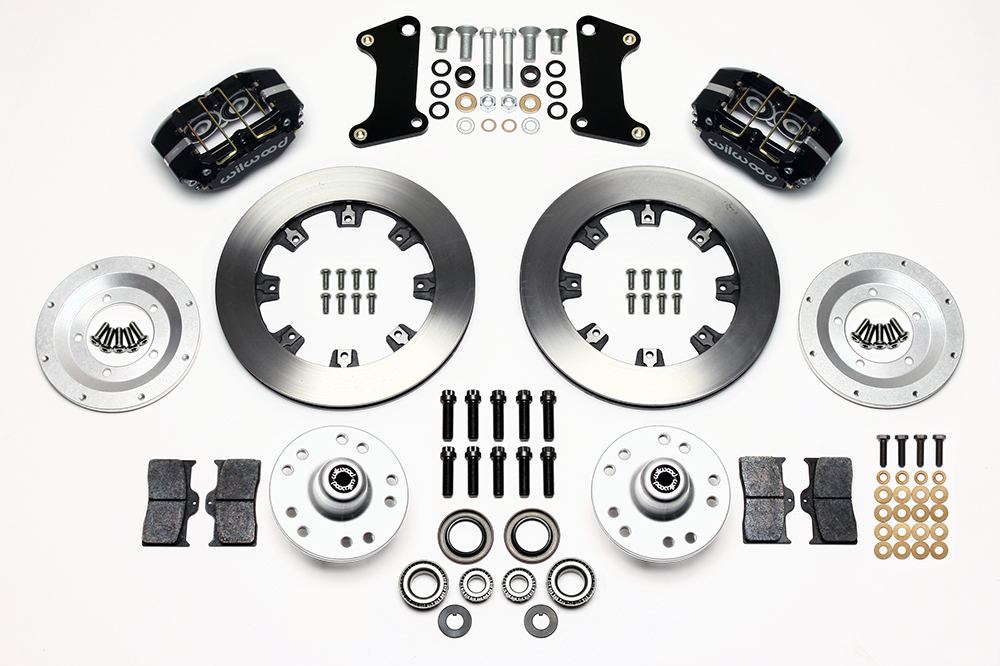 Wilwood Dynapro Dust-Boot Big Brake Front Brake Kit (Hub) Parts Laid Out - Black Powder Coat Caliper - Plain Face Rotor