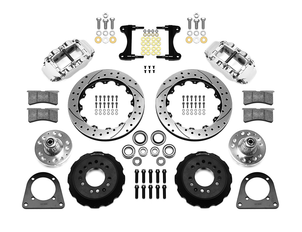 Wilwood Forged Narrow Superlite 6R Big Brake Front Brake Kit (Hub) Parts Laid Out - Polish Caliper - SRP Drilled & Slotted Rotor