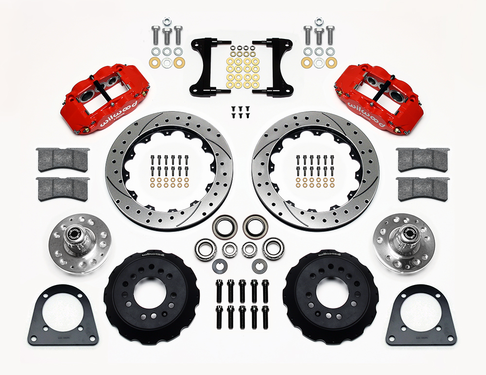 Wilwood Forged Narrow Superlite 6R Big Brake Front Brake Kit (Hub) Parts Laid Out - Red Powder Coat Caliper - SRP Drilled & Slotted Rotor