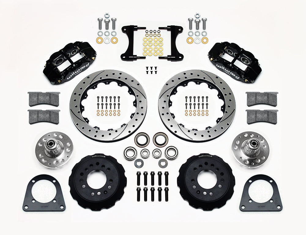 Wilwood Forged Narrow Superlite 6R Big Brake Front Brake Kit (Hub) Parts Laid Out - Black Powder Coat Caliper - SRP Drilled & Slotted Rotor