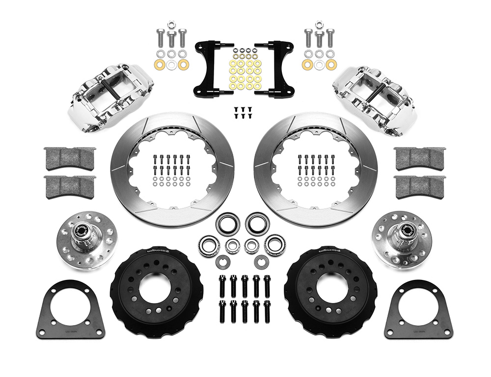 Wilwood Forged Narrow Superlite 6R Big Brake Front Brake Kit (Hub) Parts Laid Out - Polish Caliper - GT Slotted Rotor