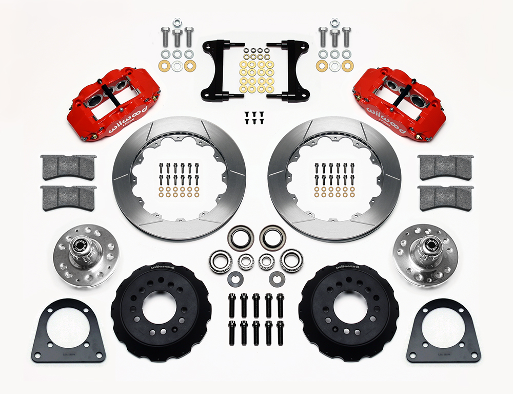 Wilwood Forged Narrow Superlite 6R Big Brake Front Brake Kit (Hub) Parts Laid Out - Red Powder Coat Caliper - GT Slotted Rotor