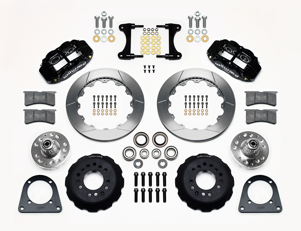 Wilwood Forged Narrow Superlite 6R Big Brake Front Brake Kit (Hub) Parts Laid Out - Black Powder Coat Caliper - GT Slotted Rotor