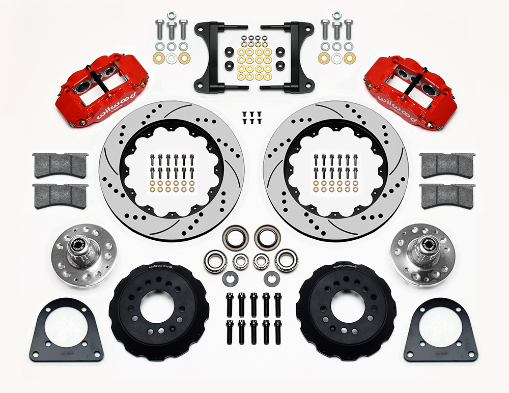 Wilwood Forged Narrow Superlite 6R Big Brake Front Brake Kit (Hub) Parts Laid Out - Red Powder Coat Caliper - SRP Drilled & Slotted Rotor