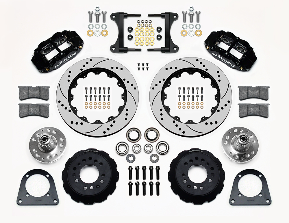 Wilwood Forged Narrow Superlite 6R Big Brake Front Brake Kit (Hub) Parts Laid Out - Black Powder Coat Caliper - SRP Drilled & Slotted Rotor