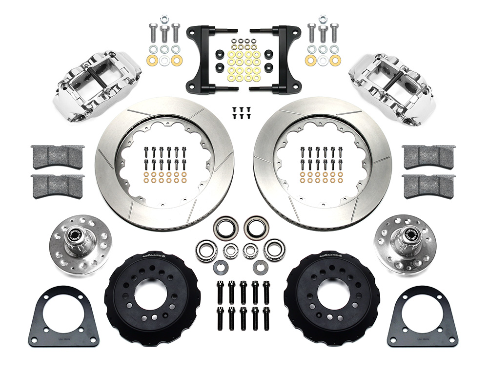 Wilwood Forged Narrow Superlite 6R Big Brake Front Brake Kit (Hub) Parts Laid Out - Polish Caliper - GT Slotted Rotor