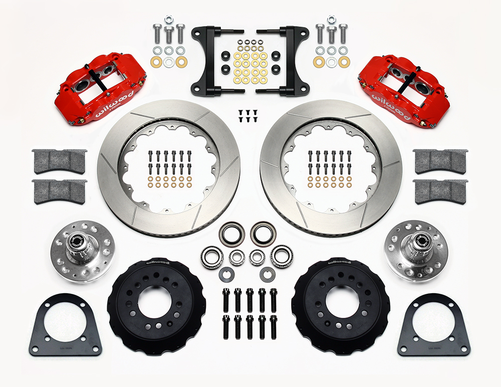 Wilwood Forged Narrow Superlite 6R Big Brake Front Brake Kit (Hub) Parts Laid Out - Red Powder Coat Caliper - GT Slotted Rotor