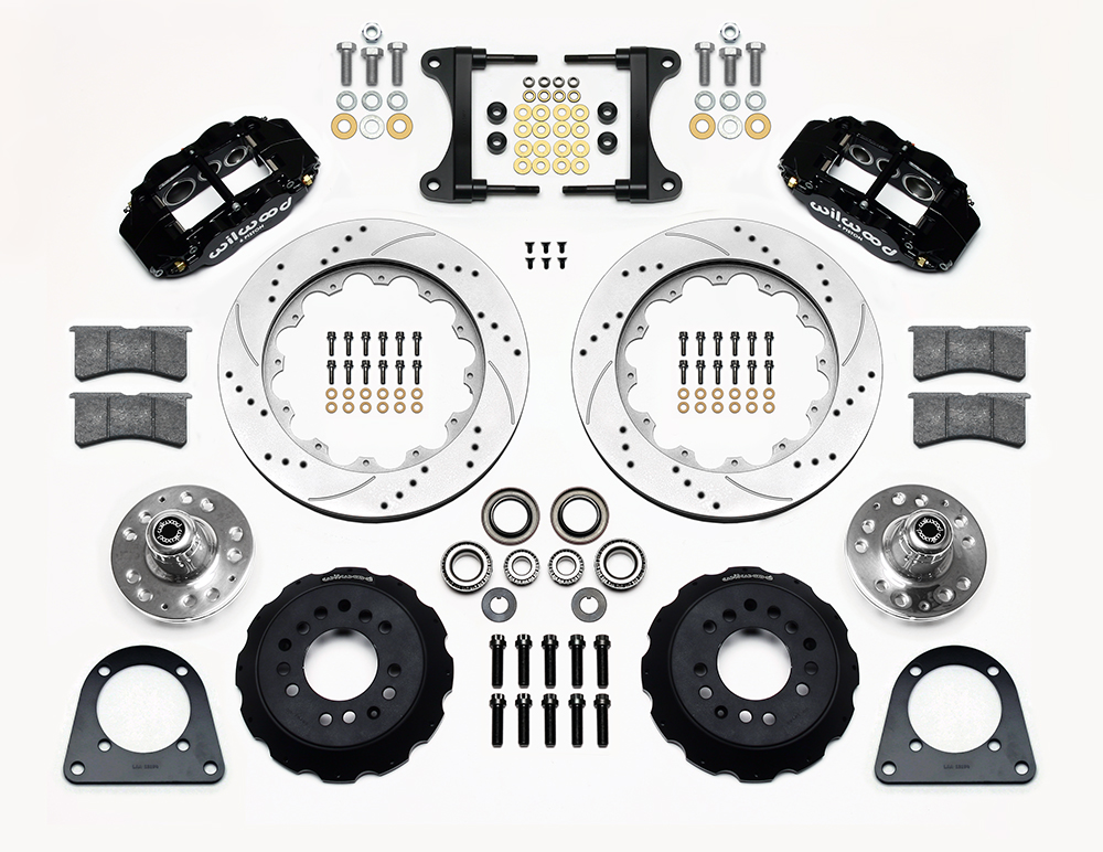 Wilwood Forged Narrow Superlite 6R Big Brake Front Brake Kit (Hub) Parts Laid Out - Black Powder Coat Caliper - SRP Drilled & Slotted Rotor