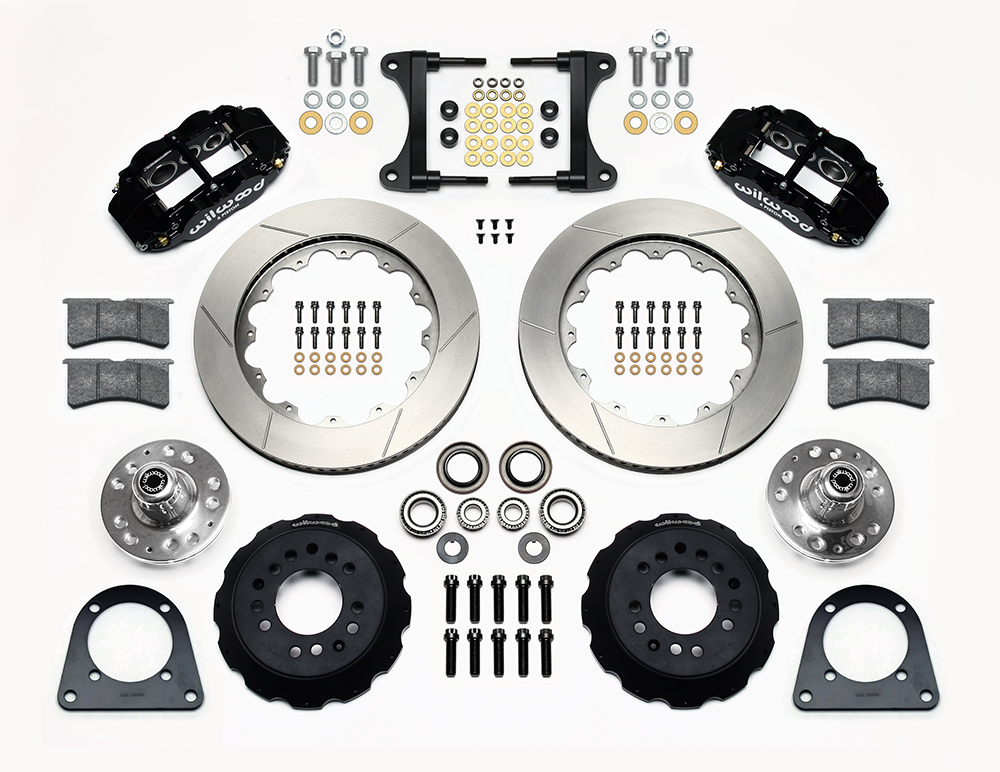 Wilwood Forged Narrow Superlite 6R Big Brake Front Brake Kit (Hub) Parts Laid Out - Black Powder Coat Caliper - GT Slotted Rotor