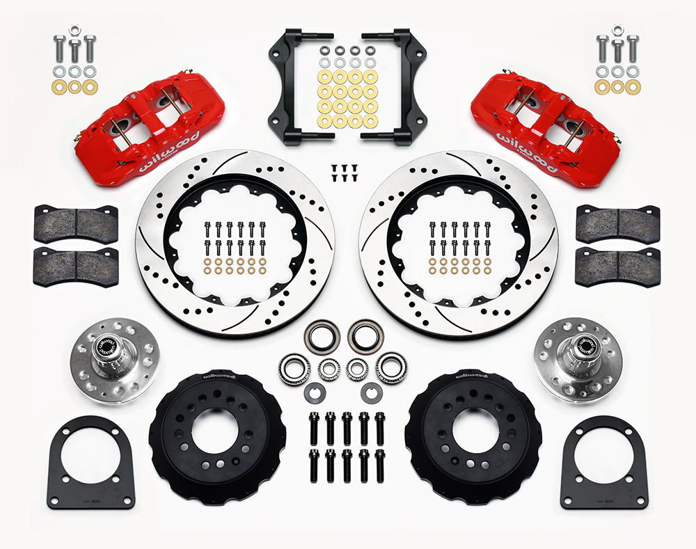 Wilwood AERO6 Big Brake Front Brake Kit Parts Laid Out - Red Powder Coat Caliper - SRP Drilled & Slotted Rotor