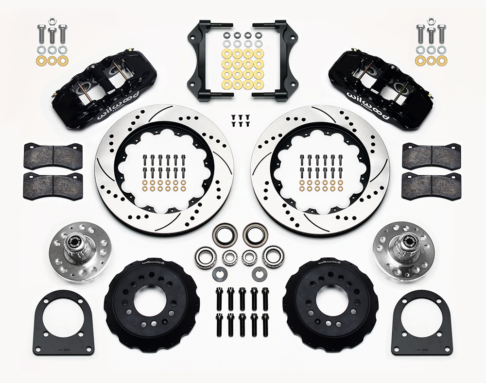 Wilwood AERO6 Big Brake Front Brake Kit Parts Laid Out - Black Powder Coat Caliper - SRP Drilled & Slotted Rotor