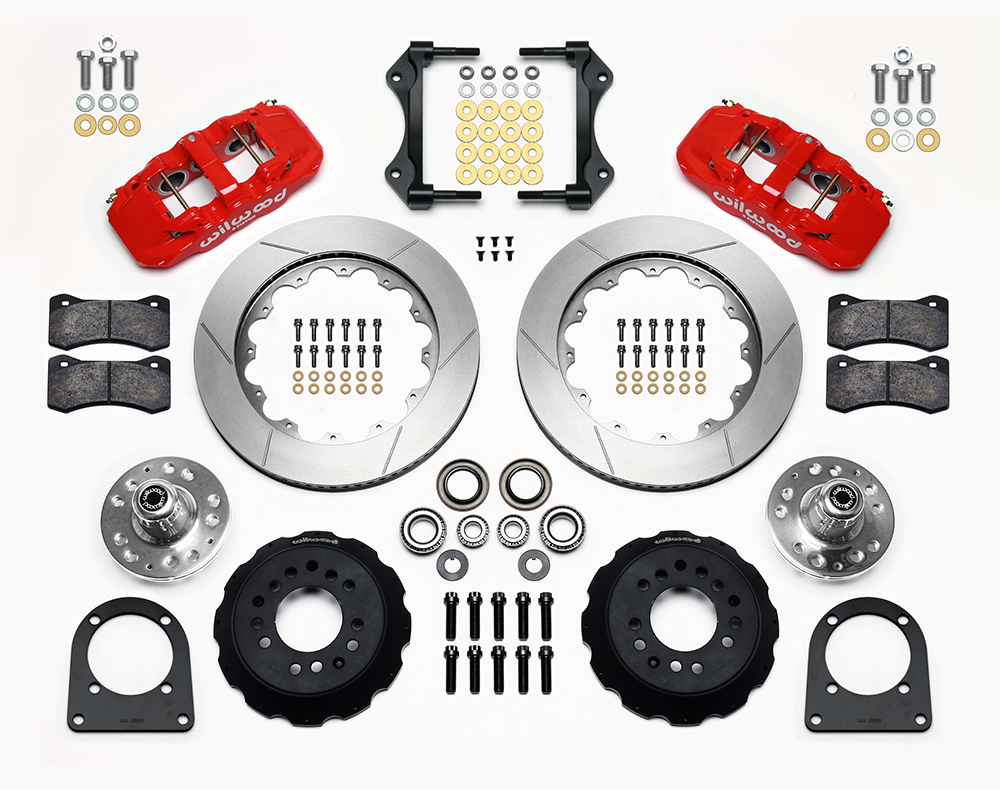 Wilwood AERO6 Big Brake Front Brake Kit Parts Laid Out - Red Powder Coat Caliper - GT Slotted Rotor