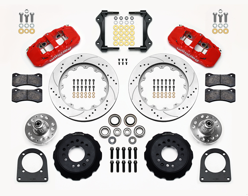 Wilwood AERO6 Big Brake Front Brake Kit Parts Laid Out - Red Powder Coat Caliper - SRP Drilled & Slotted Rotor