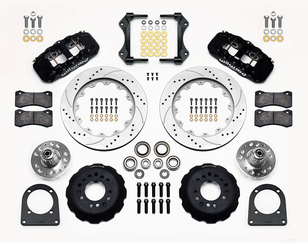 Wilwood AERO6 Big Brake Front Brake Kit Parts Laid Out - Black Powder Coat Caliper - SRP Drilled & Slotted Rotor