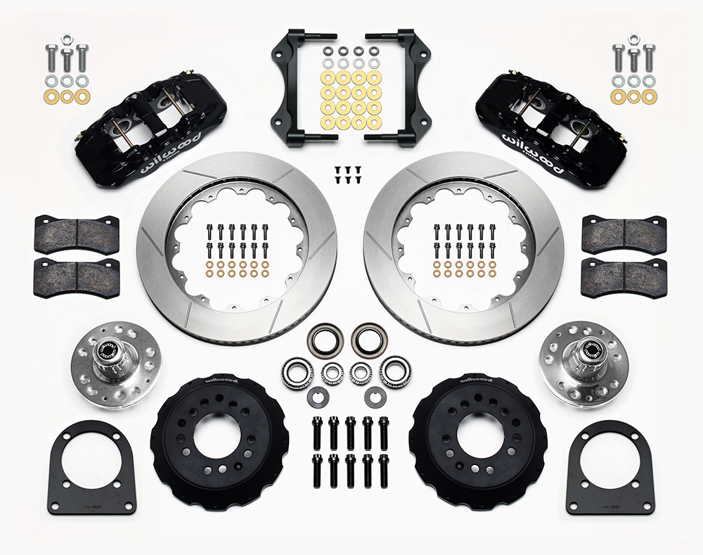 Wilwood AERO6 Big Brake Front Brake Kit Parts Laid Out - Black Powder Coat Caliper - GT Slotted Rotor