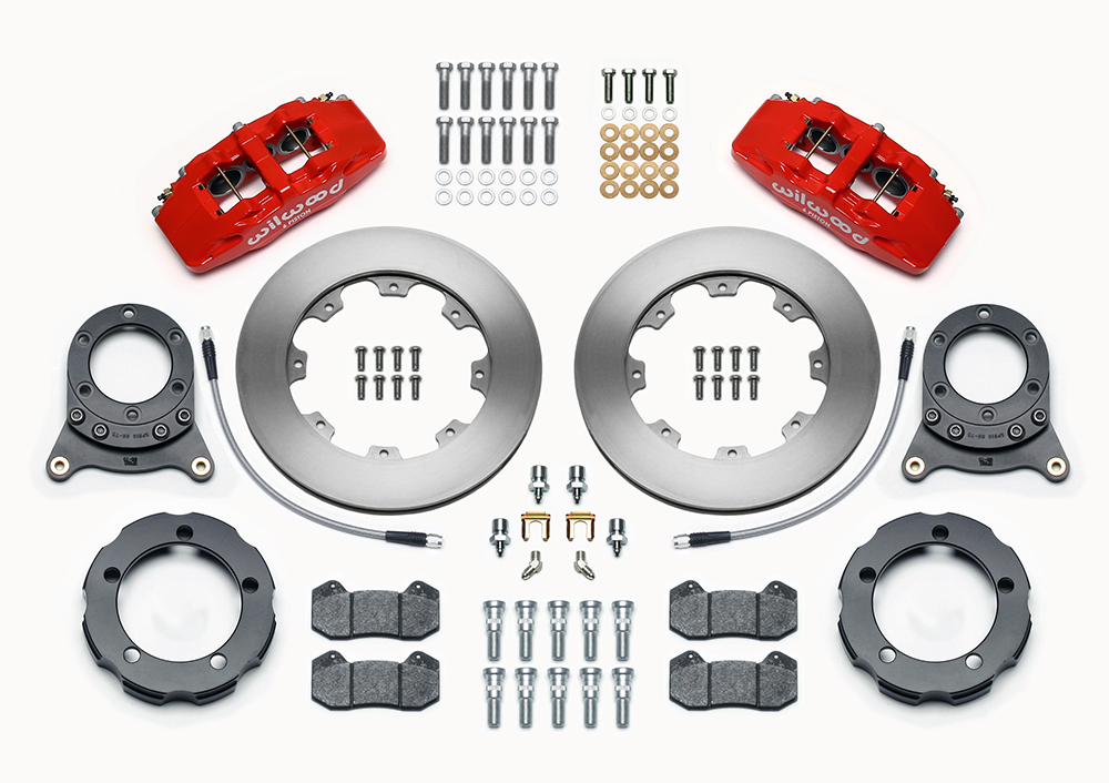 Wilwood Forged Dynapro 6 Big Brake Front Brake Kit (Hat) Parts Laid Out - Red Powder Coat Caliper - Plain Face Rotor