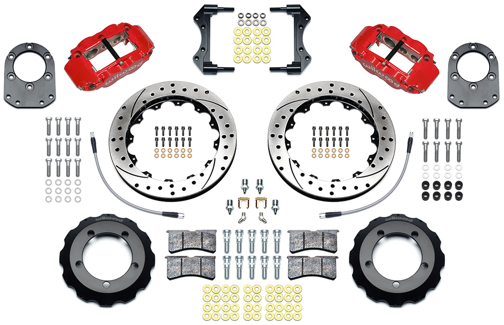 Wilwood Forged Narrow Superlite 6R Big Brake Front Brake Kit (Hat) Parts Laid Out - Red Powder Coat Caliper - SRP Drilled & Slotted Rotor