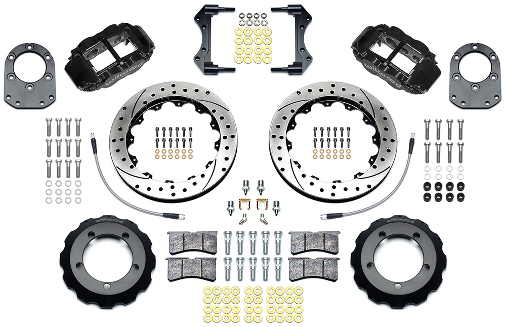 Wilwood Forged Narrow Superlite 6R Big Brake Front Brake Kit (Hat) Parts Laid Out - Black Powder Coat Caliper - SRP Drilled & Slotted Rotor