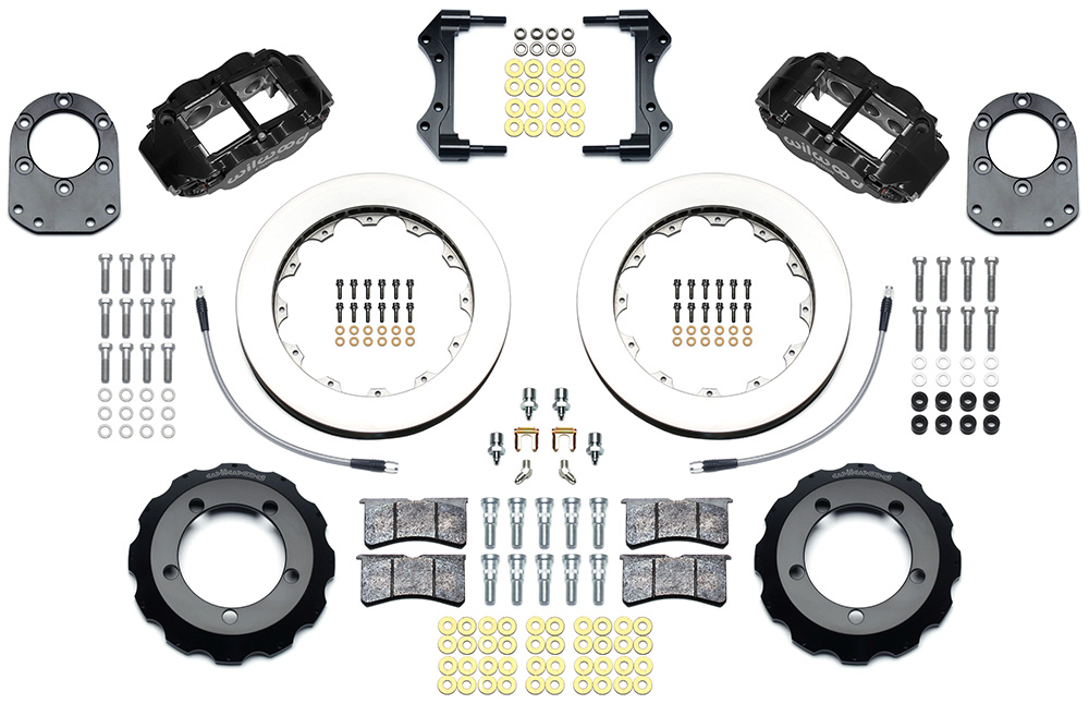 Wilwood Forged Narrow Superlite 6R Big Brake Front Brake Kit (Hat) Parts Laid Out - Black Powder Coat Caliper - Plain Face Rotor