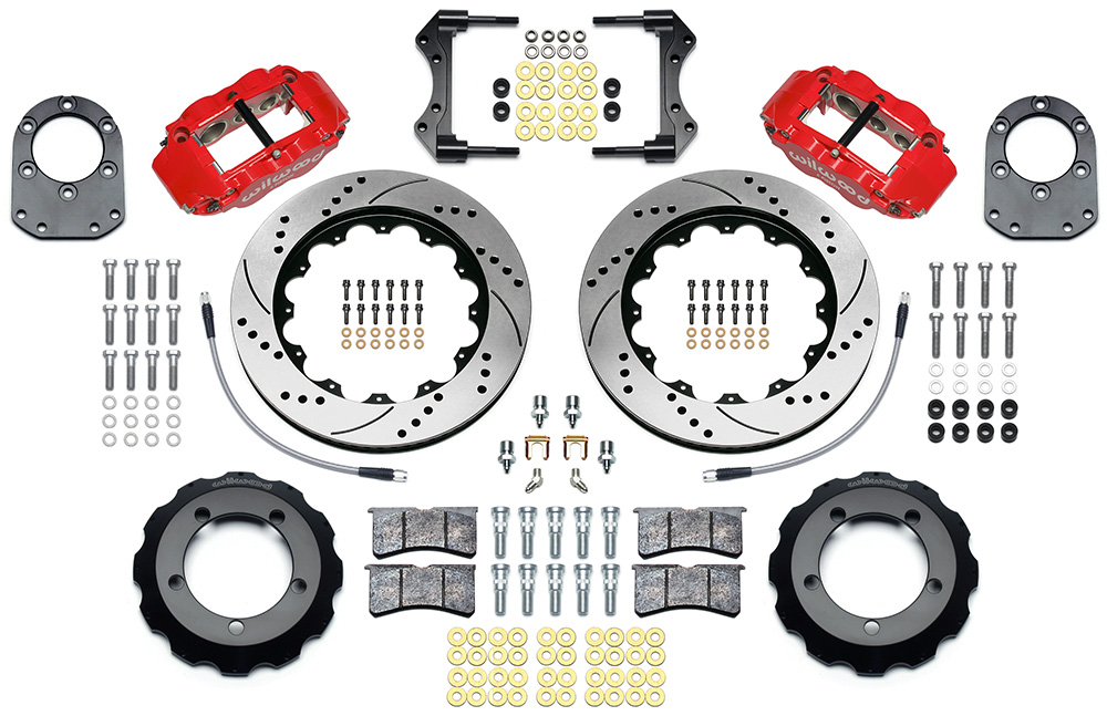 Wilwood Forged Narrow Superlite 6R Big Brake Front Brake Kit (Hat) Parts Laid Out - Red Powder Coat Caliper - SRP Drilled & Slotted Rotor