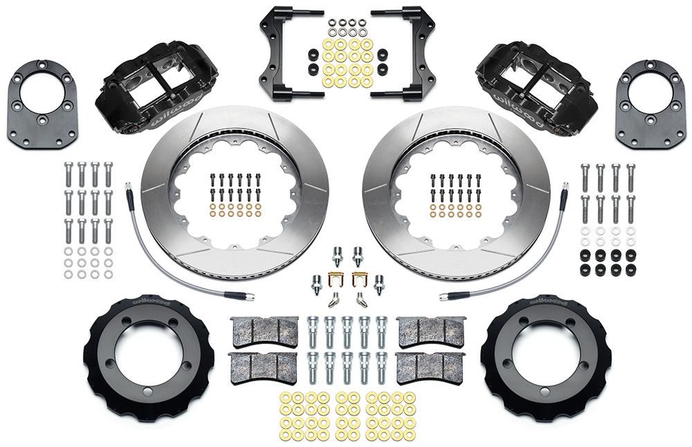 Wilwood Forged Narrow Superlite 6R Big Brake Front Brake Kit (Hat) Parts Laid Out - Black Powder Coat Caliper - GT Slotted Rotor