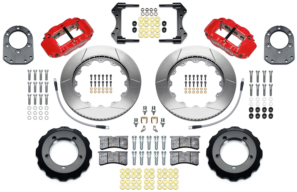 Wilwood Forged Narrow Superlite 6R Big Brake Front Brake Kit (Hat) Parts Laid Out - Red Powder Coat Caliper - GT Slotted Rotor