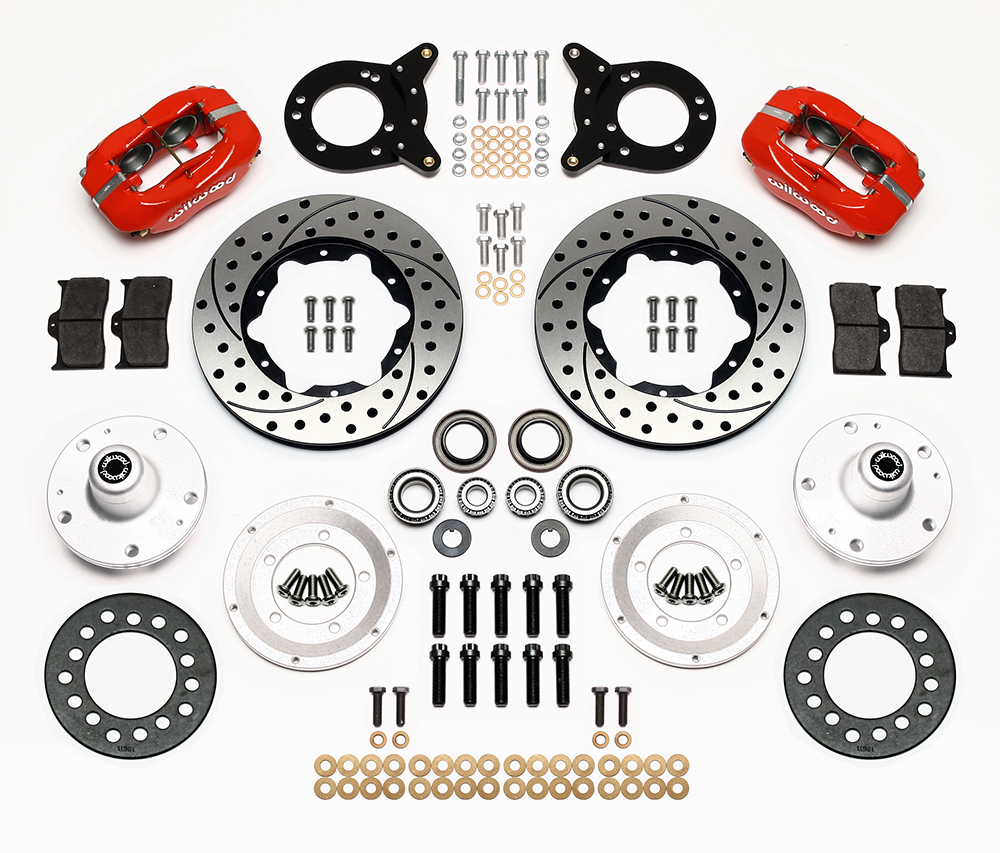 Wilwood Dynapro Dust-Boot Pro Series Front Brake Kit Parts Laid Out - Red Powder Coat Caliper - SRP Drilled & Slotted Rotor