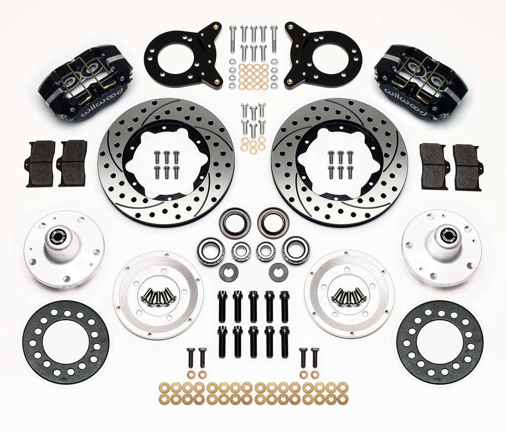 Wilwood Dynapro Dust-Boot Pro Series Front Brake Kit Parts Laid Out - Black Powder Coat Caliper - SRP Drilled & Slotted Rotor