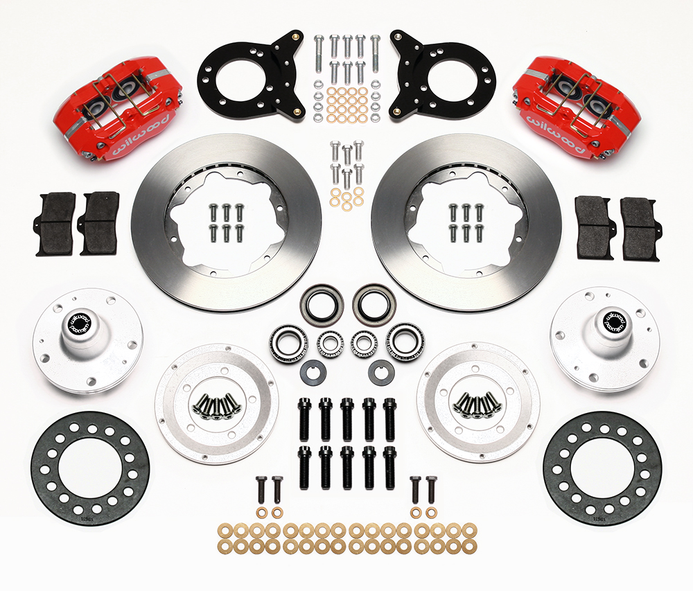 Wilwood Dynapro Dust-Boot Pro Series Front Brake Kit Parts Laid Out - Red Powder Coat Caliper - Plain Face Rotor