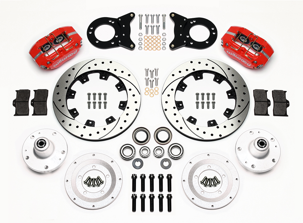 Wilwood Dynapro Dust-Boot Big Brake Front Brake Kit (Hub) Parts Laid Out - Red Powder Coat Caliper - SRP Drilled & Slotted Rotor