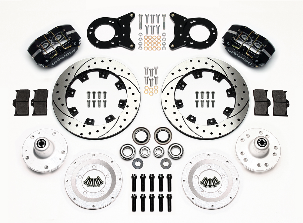 Wilwood Dynapro Dust-Boot Big Brake Front Brake Kit (Hub) Parts Laid Out - Black Powder Coat Caliper - SRP Drilled & Slotted Rotor