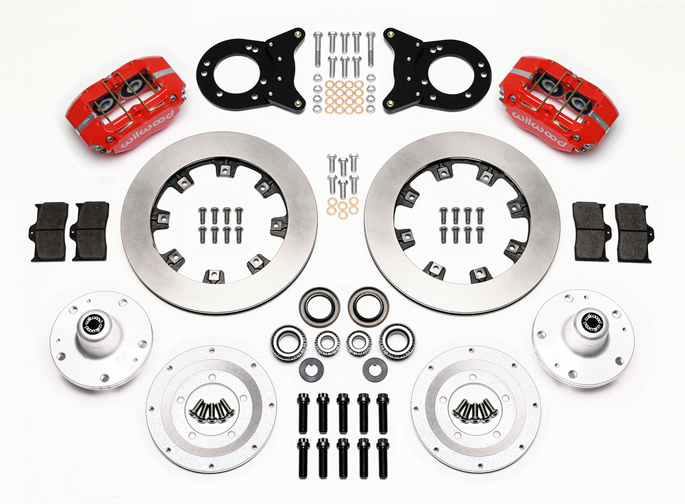 Wilwood Dynapro Dust-Boot Big Brake Front Brake Kit (Hub) Parts Laid Out - Red Powder Coat Caliper - Plain Face Rotor