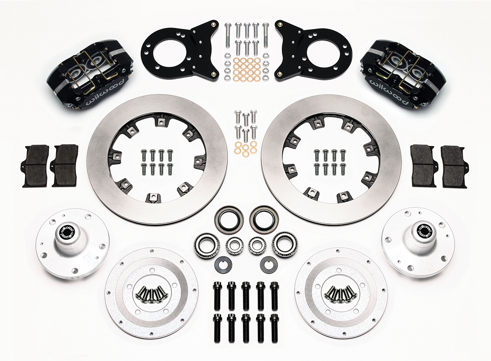 Wilwood Dynapro Dust-Boot Big Brake Front Brake Kit (Hub) Parts Laid Out - Black Powder Coat Caliper - Plain Face Rotor