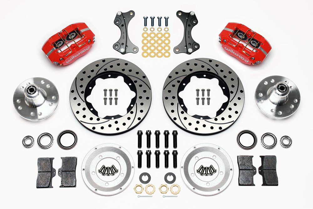 Wilwood Dynapro Dust-Boot Pro Series Front Brake Kit Parts Laid Out - Red Powder Coat Caliper - SRP Drilled & Slotted Rotor