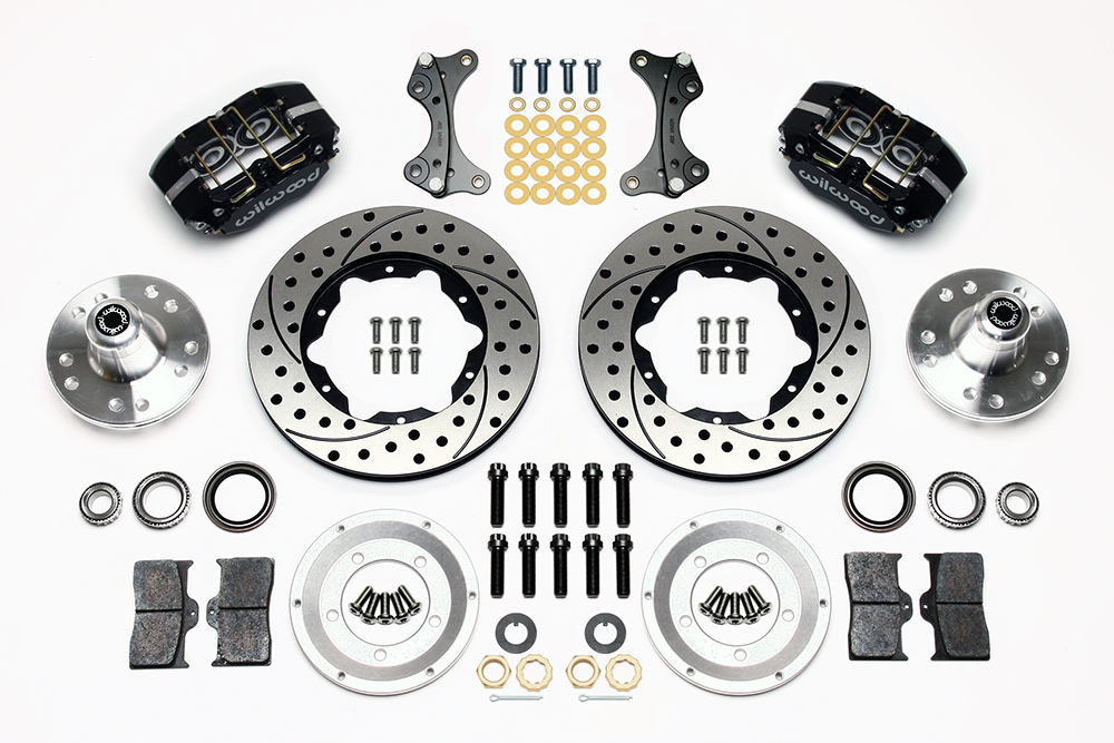 Wilwood Dynapro Dust-Boot Pro Series Front Brake Kit Parts Laid Out - Black Powder Coat Caliper - SRP Drilled & Slotted Rotor