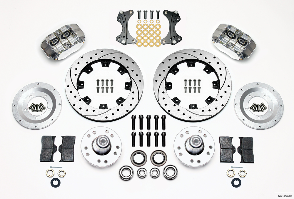 Wilwood Dynapro Dust-Boot Big Brake Front Brake Kit (Hub) Parts Laid Out - Polish Caliper - SRP Drilled & Slotted Rotor