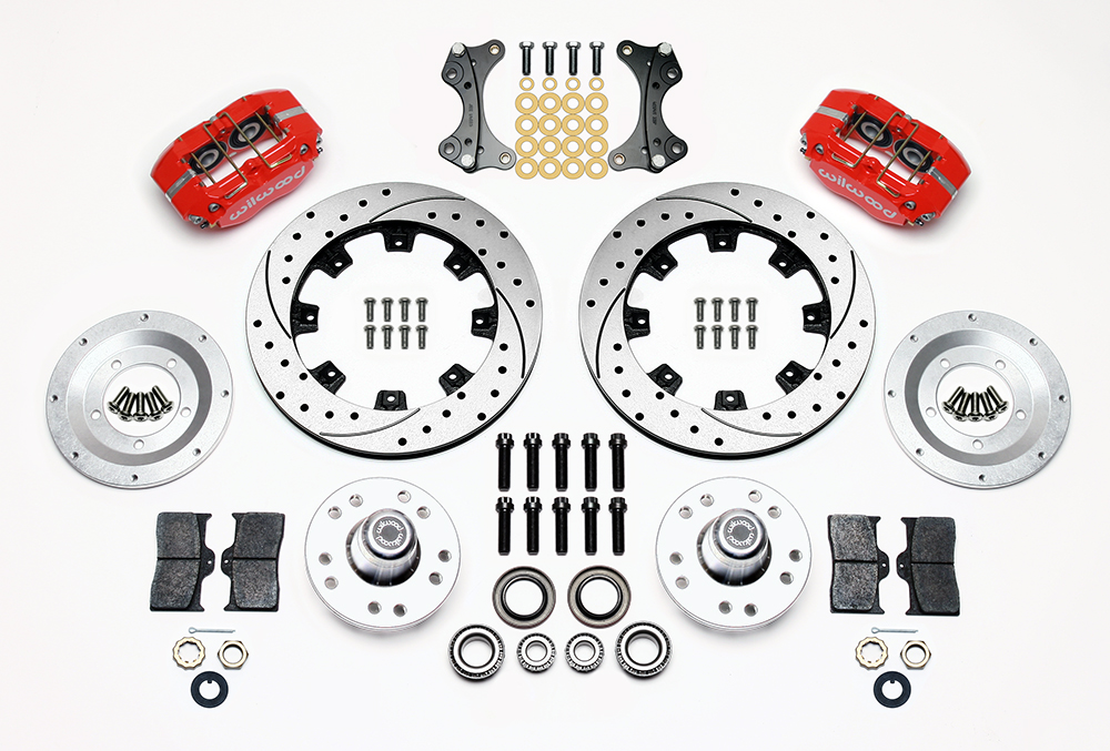 Wilwood Dynapro Dust-Boot Big Brake Front Brake Kit (Hub) Parts Laid Out - Red Powder Coat Caliper - SRP Drilled & Slotted Rotor